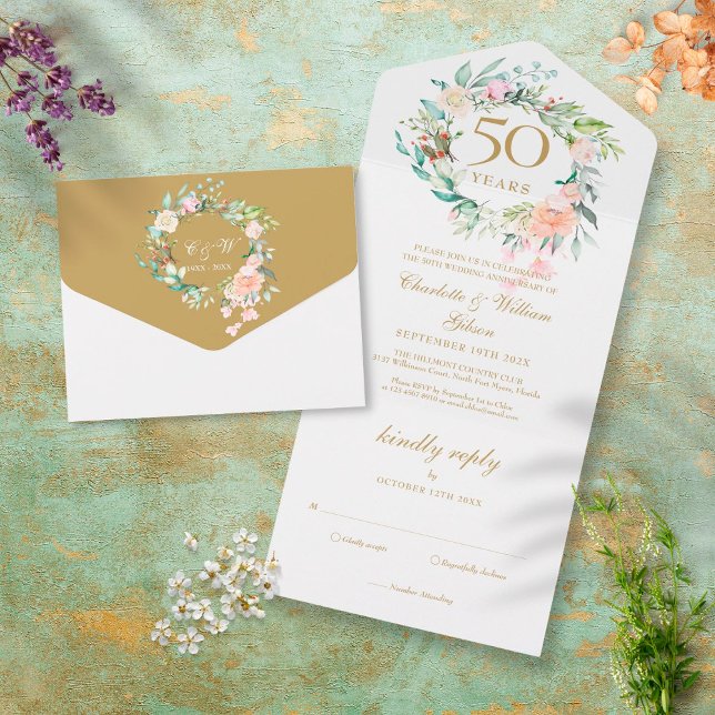 Aniversário de Bodas de Ouro Monograma Floral (Criador carregado)