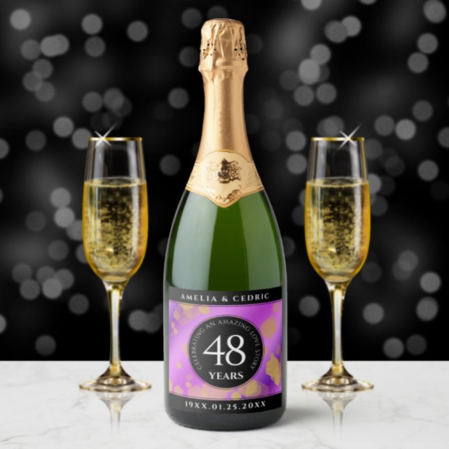 Aniversário de Casamento de Ametist 48º Elegante (48th amethyst wedding anniversary champagne label with 2 flutes of bubbly on a marble tabletop.)