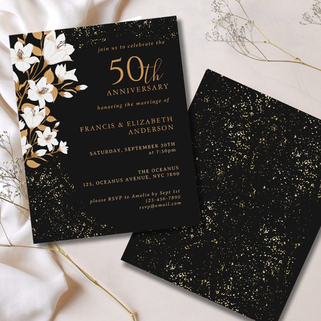 Aniversário de Casamento Preto Dourado Floral 50º (Criador carregado)