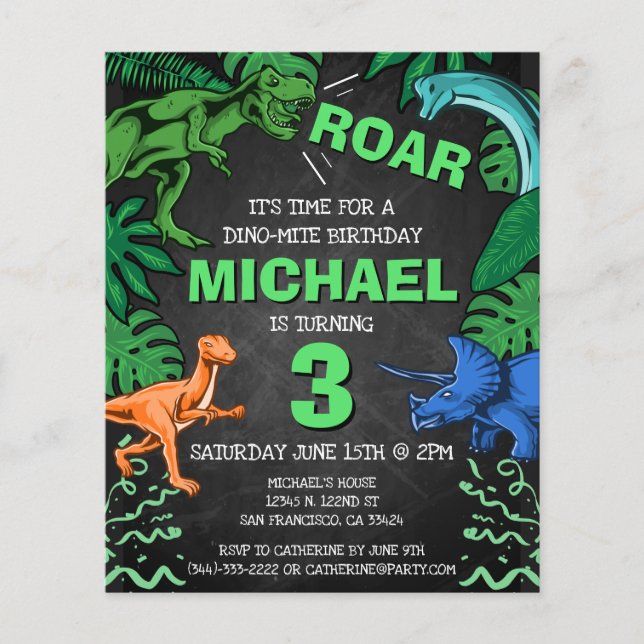 Aniversário de criança Dinossauro Dino Trex Chalkb (Frente)