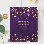Aniversário de estrelas de ouro roxo convite<br><div class="desc">Um convite moderno, na moda e glamouroso para uma festa de aniversário 40ª (ou qualquer idade). Um fundo cor roxo profundo com estrelas douradas falsas. A cor roxa é irregular. O nome é escrito com um moderno estilo escrito à mão. Personalize e adicione os detalhes da sua festa. 1 folha...</div>