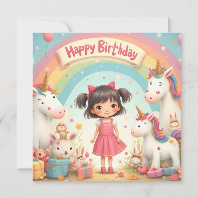 Aniversário de Menina com Unicórnios & Arco-íris (Frente)