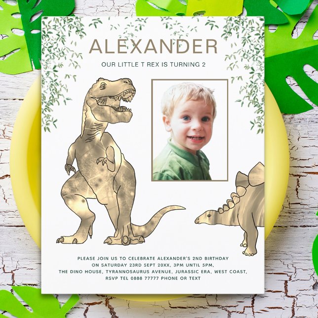 Aniversário de Meninos na Selva dos Dinossauros (Dinosaur jungle T-Rex and stegosaurus 2nd birthday party budget invitation with photo template )