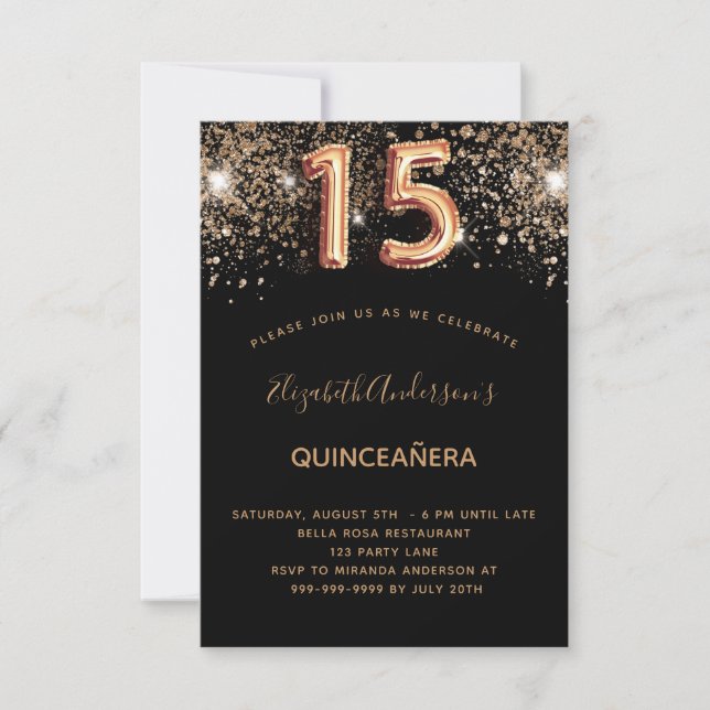 Aniversário de Quinceanera, dourada negra (Frente)