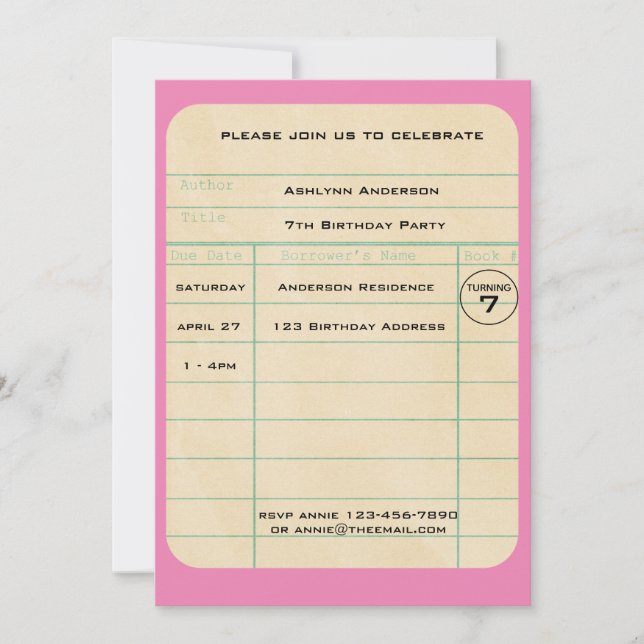 Aniversário do Cartão de Biblioteca Rosa (Frente)