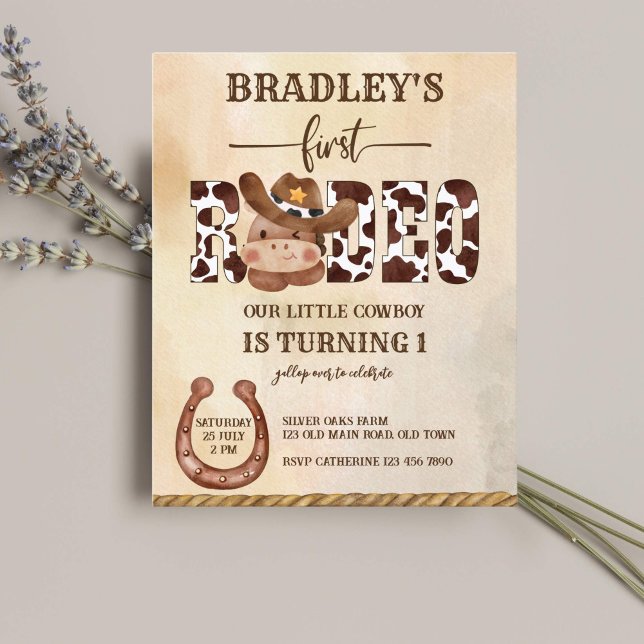 Aniversário do cowboy de cavalo bonito (Cute baby cowboy horse first rodeo birthday western invitation template cow pattern sript)