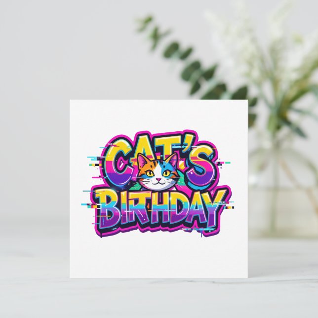 Aniversário do Gato com Efeito Arco-Íris Glitch (Em pé/Frente)