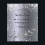 Aniversário do orçamento, a música prateada anota<br><div class="desc">Uma placa moderna de convite de festas aniversário de 40 anos. Um fundo metálico de aspecto negro e prateado,  com notas musicais,  letras negras coloridas. Decorado com pó de brilho falso. Personalize e adicione um nome e informações da parte.</div>