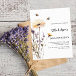 Aniversário do orçamento roxo amarelo das flores s<br><div class="desc">Um fundo branco. Decorado com abelhas e pintado flores silvestres em violeta e rosa. Personalize e adicione um nome e detalhes da parte. 1 folha = 1 convite impresso de borda a borda.</div>