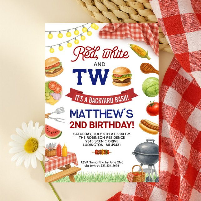 Aniversário do segundo aniversário de Convite para (Red, White and Two 4th of July BBQ 2nd Birthday Invitation Summer Grill Birthday
)