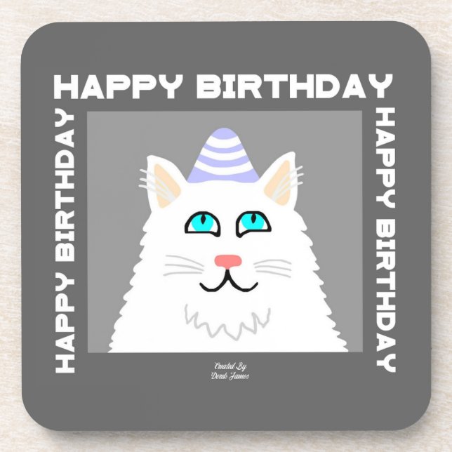 Aniversário Duro de Gato Branco Fluffy Porta copos (Frente)