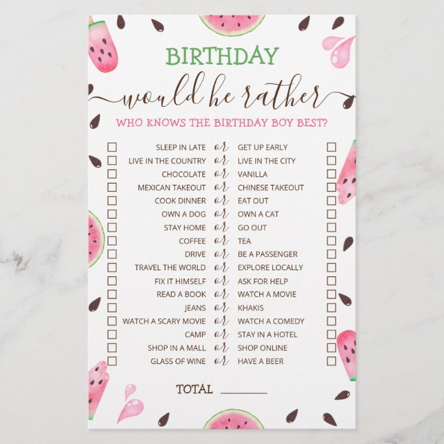 Aniversário Ele Preferencialmente o jogo de Waterm (Frente)