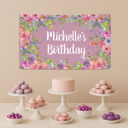 Aniversário Floral em Aquarela Rosa Roxo Fofo