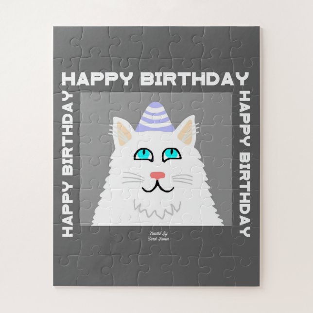 Aniversário Fluffy White Cat Quebra-cabeça (Vertical)