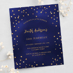 Aniversário marinho de ouro azul convite orçamenta<br><div class="desc">Uma convite de aniversário para ele e para ela. Um fundo azul marinho decorado com estrelas douradas falsas. A cor azul é irregular. Personalize e adicione um nome e detalhes da parte. Texto colorido do ouro. Fundo: fundo azul marinho e estrelas ouros. 1 folha = 1 convite impresso de borda...</div>