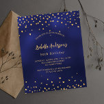 Aniversário marinho de ouro azul corações orçament<br><div class="desc">Um fundo azul marinho decorado com ouros. A cor azul é irregular. Personalize e adicione seu nome e detalhes da festa. 1 folha = 1 convite impresso de borda a borda.</div>