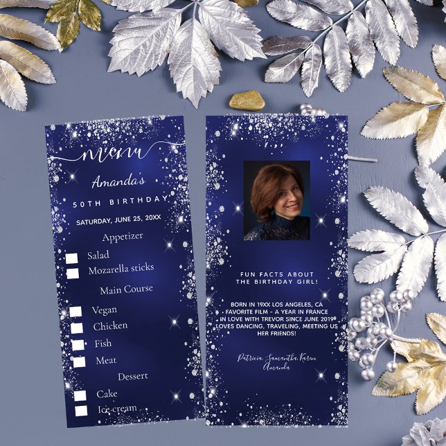 Aniversário Menu Azul Foto prateada Fatos divertid (Criador carregado)