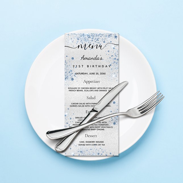 Aniversário Menu prateado nome da brilha azul-prat (Criador carregado)