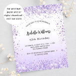 Aniversário violento convite para lavanda<br><div class="desc">Para uma elegante festa de aniversário 40th (ou qualquer idade). Um plano de fundo branco e violeta. Decorado com brilho violeta, faíscas. Personalize e adicione um nome e detalhes da parte. O nome é escrito com um script de estilo manuscrito. 1 folha = 1 convite impresso de borda a borda....</div>