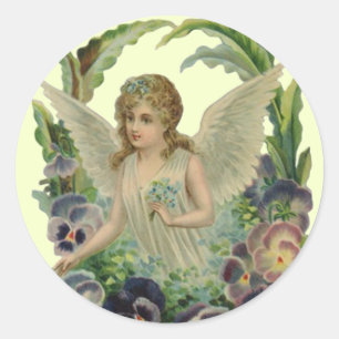 Anjo antigo da etiqueta com buquê do miosótis