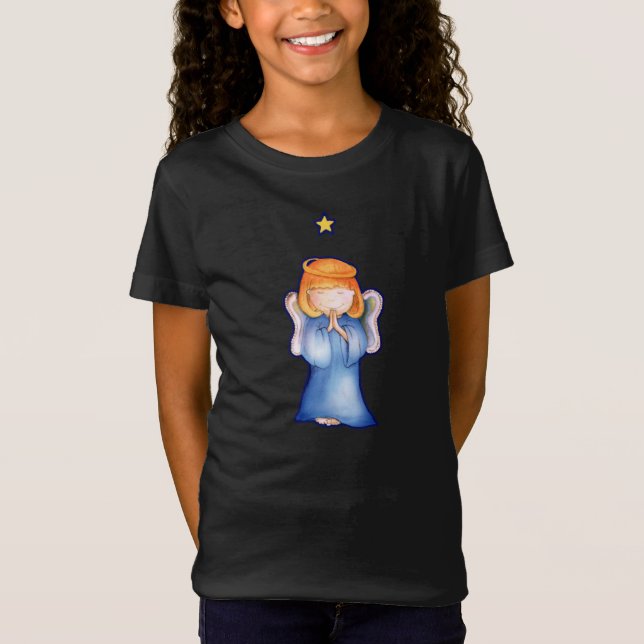 Anjo bonito da camiseta azul de Natal da menina da (Frente)