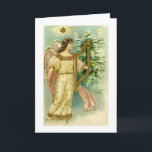 Anjo com a harpa no cartão da árvore de Natal<br><div class="desc">Este design de cartão do Natal é de um cartão do vintage.  Tem um interior do vazio. Personalize-o com sua própria mensagem!</div>