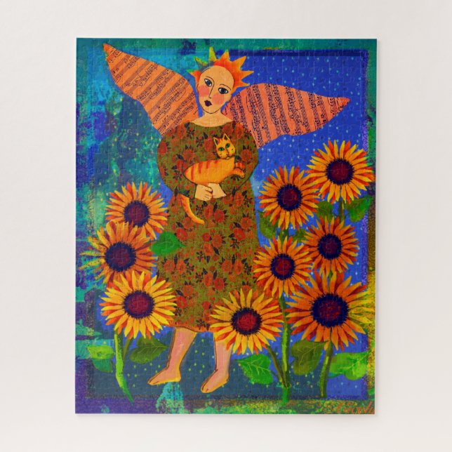 Anjo com Sunflower e Tabby Cat 16x20 Quebra-cabeça (Vertical)