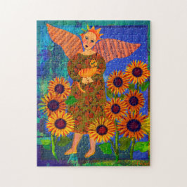 Anjo com Tabby Cat e Sunflower 11x14 Quebra-cabeça