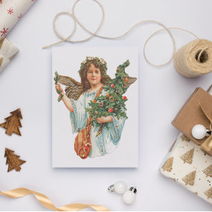 Anjo de Natal Antigo com Cartão Postal de Árvore
