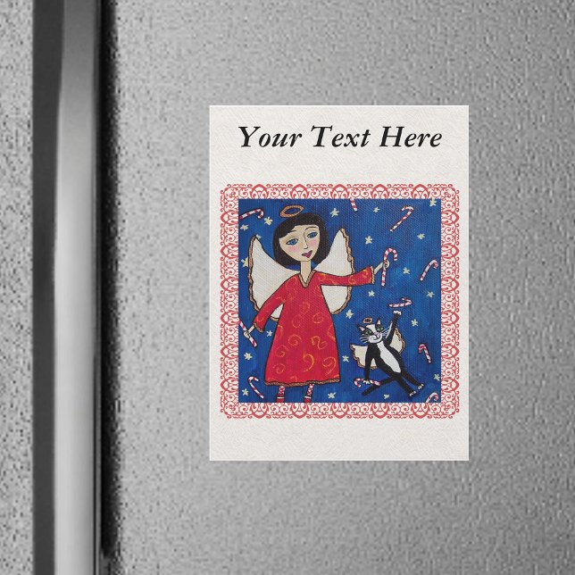 Anjo do Bastão de Doces Arte Folclórica de Natal (Chritmas Angel floating in sky with angel cat catching candy canes in red frame on fridge magnet.)