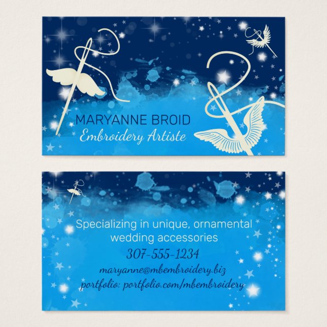 Anjo voador que costura bordados de agulha (Frente & Verso)