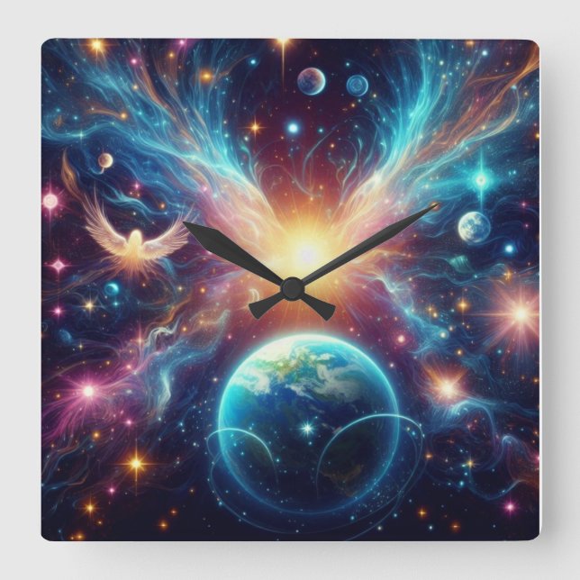 Anjos Celestiais em um Relógio de Parede Quadrado (Frente)