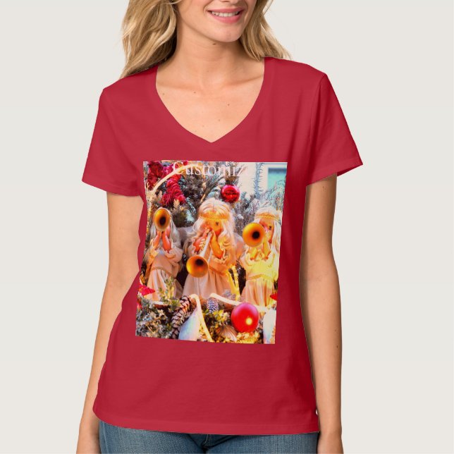 Anjos Feliz de Natal trompeçando camiseta (Frente)