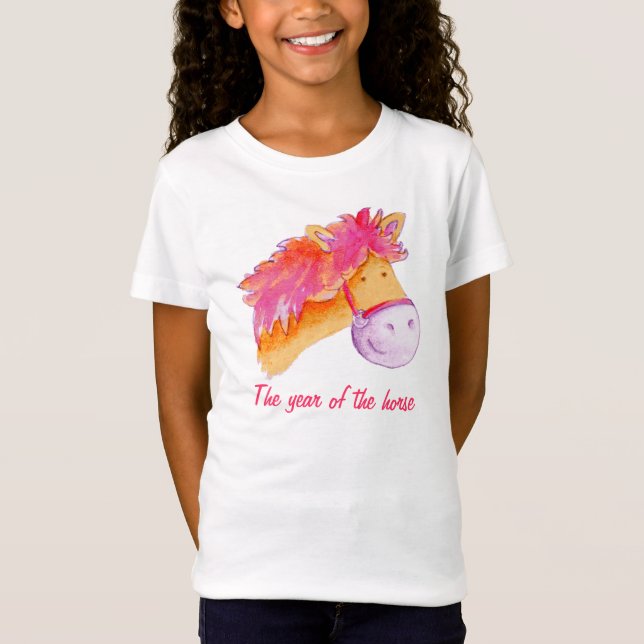 Ano do t-shirt das meninas do rosa do cavalo (Frente)