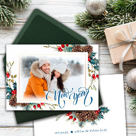 Ano Novo com ramos do Spruce Cartão de Saudação Fo