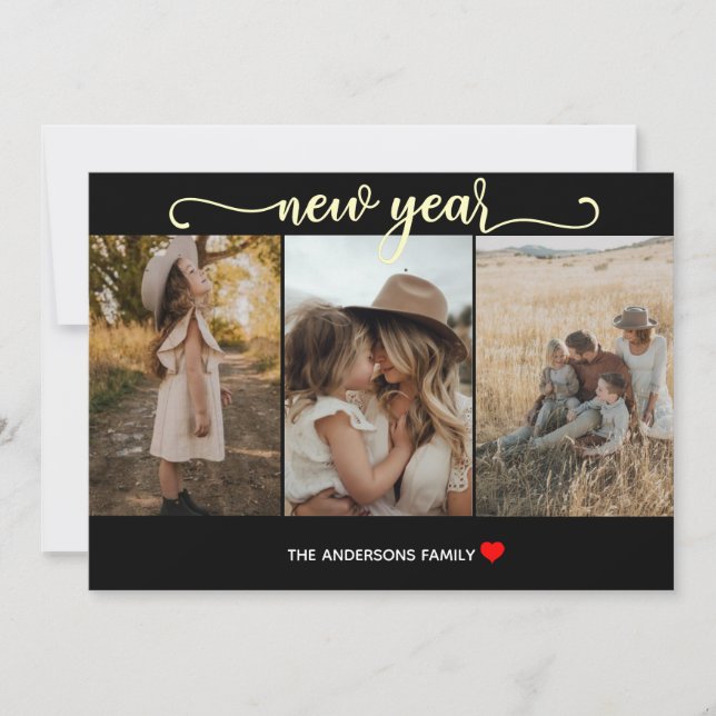 Ano Novo | preto Dourado | 3 Cartão com fotos (Frente)