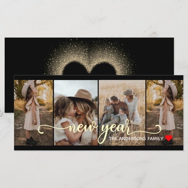 Ano Novo | preto Dourado | 4 CARTÃO COM FOTOS (Frente/Verso)
