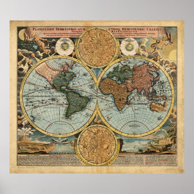 Antigo Mapa do Mundo 1716 poster medieval (Frente)