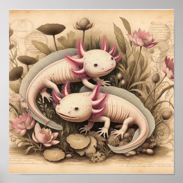 Antique Axolotl Poster with Scientific Plant  (Frente)