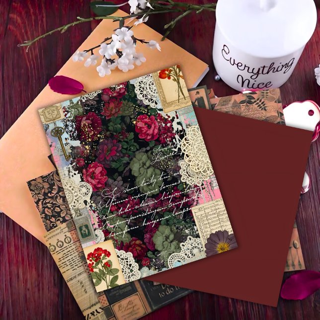 Antique Burgundy Botanica Collage Scrapbook Paper (Criador carregado)