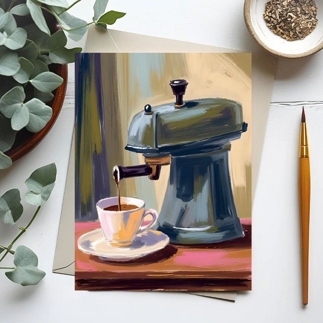 Antique Coffee Machine Latte Watercolor Card (Criador carregado)