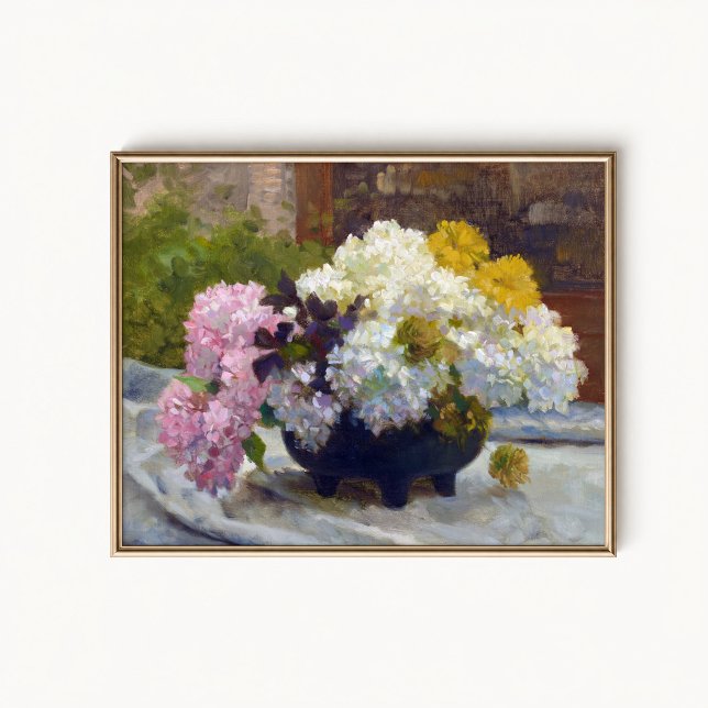 Antique Hydrangea Still Life Poster (Antique Hydrangea Wall Art Poster - close-up view (frame/decor not included))