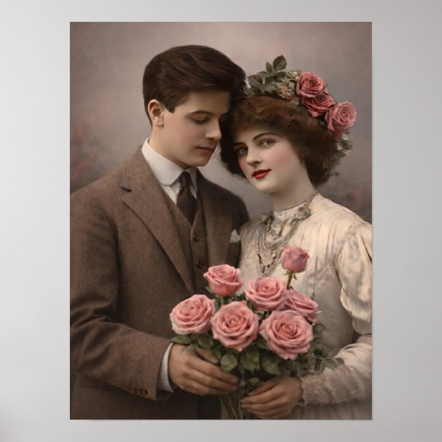 Antique Romantic Couple with Roses Poster (Frente)
