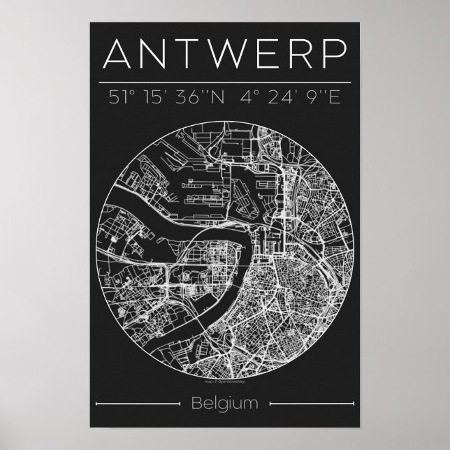 Antwerp City Map Poster Charcoal Minimal European  (Frente)