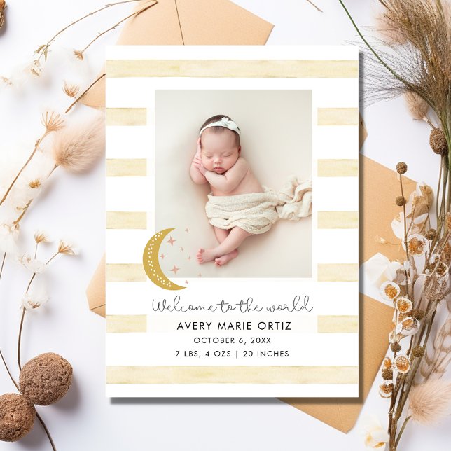 Anunciante de Nascimento da Foto de Greve Amarela  (Welcome Baby Girl Birth Photo Announcement)