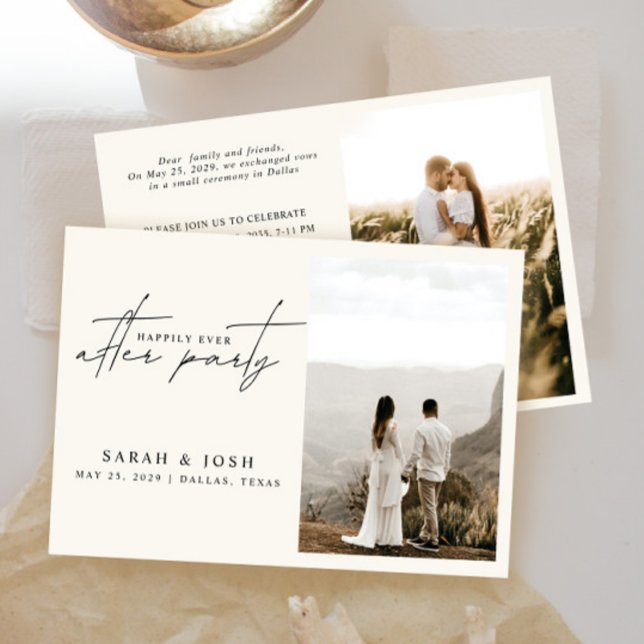 Anúncio 2 Foto Felizmente Após Recepção de casamento De Cr (Easily personalize these cream wedding reception invites with your photos and details!)