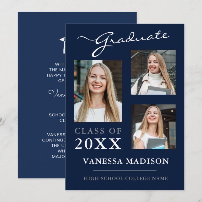 Anúncio 3 fotos Marinho moderno graduação azul (Frente/Verso)