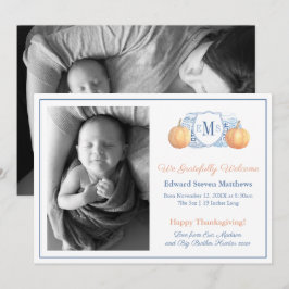 Anúncio Ação de Graças Pumpkin Monograma Grateful Baby Bir
