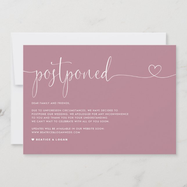 Anúncio Adiamento de Casamento Mauve do Script de Densidad (Frente)