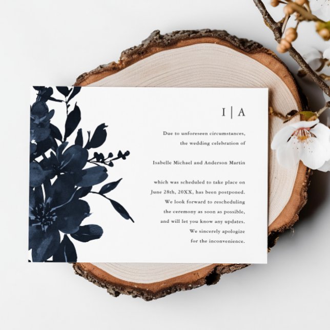 Anúncio Adiamento do Casamento Floral Índigo Escuro (Criador carregado)